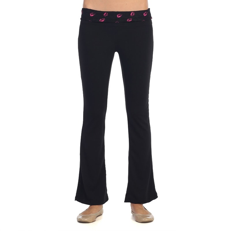 Womens Black Lip Print Fold over Yoga Pants