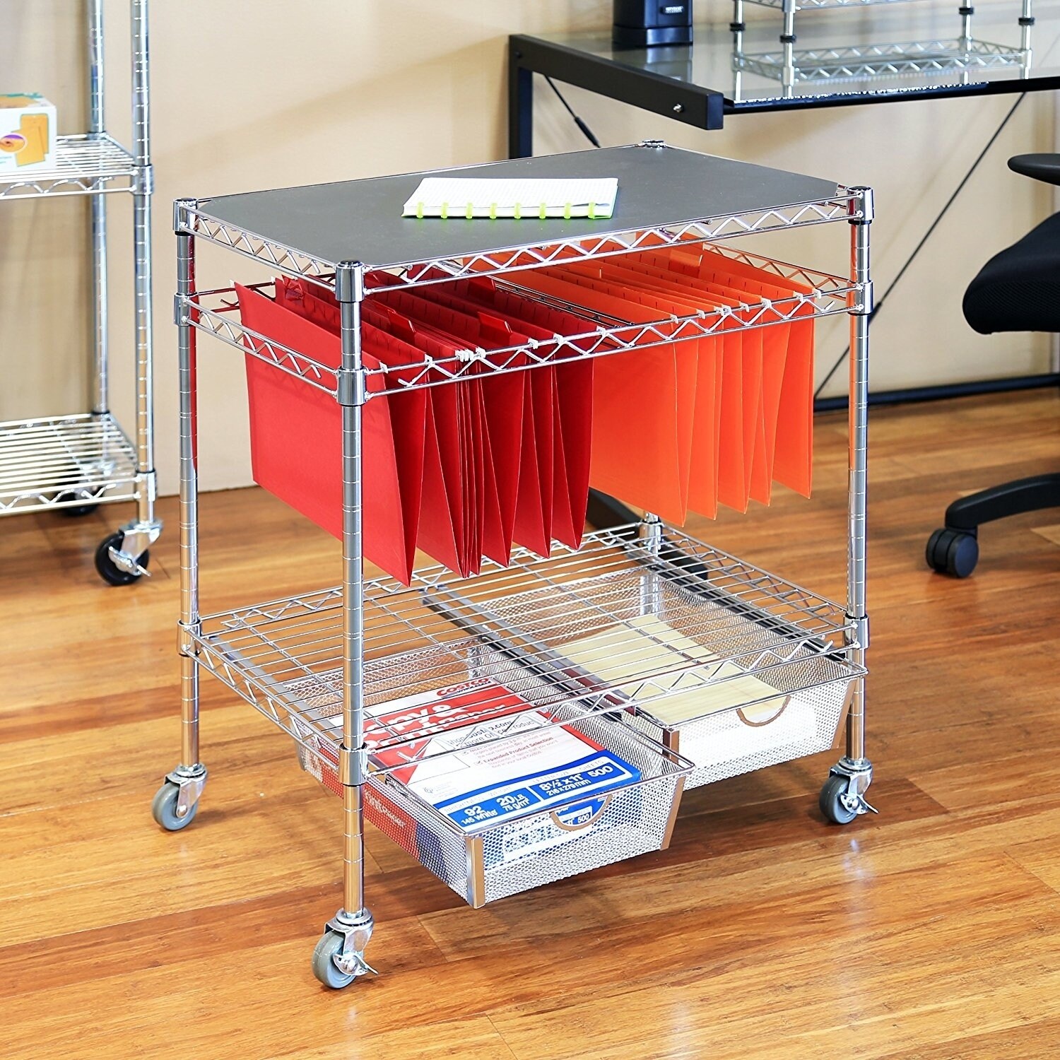 Seville Classics Heavy Duty Chrome File Cart With Storage Drawers