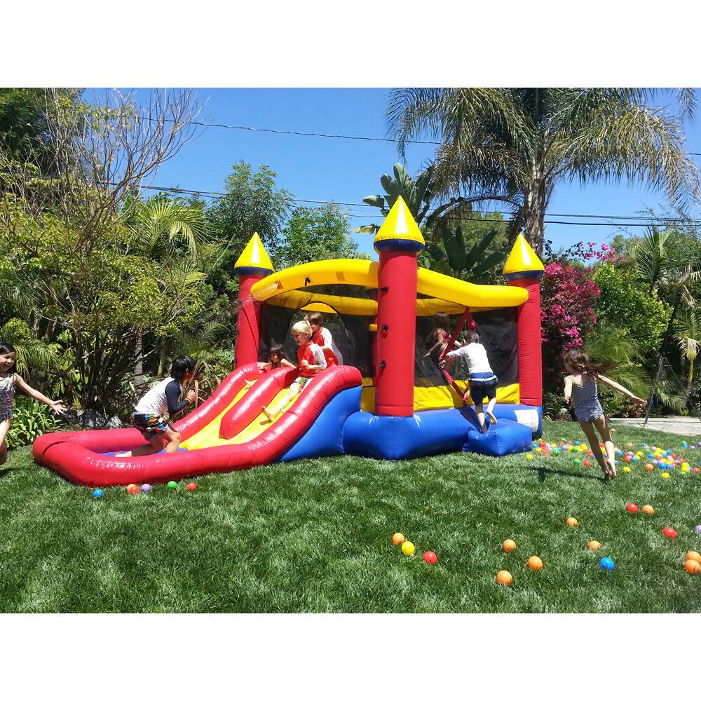 HeroKiddo Red Castle Commercial Grade Inflatable Bounce House Water Slide with Splash Pool and Air Blower, Wet Dry Use