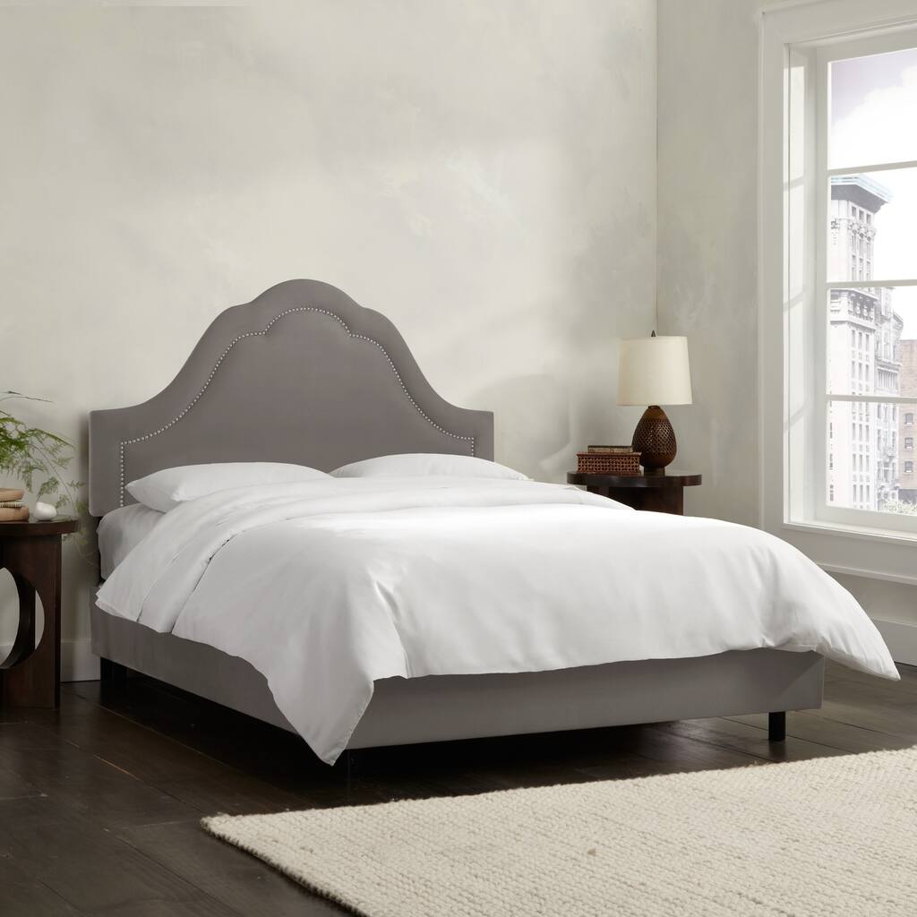 Skyline Furniture Arch Inset Nail Button Bed in Micro-Suede Charcoal