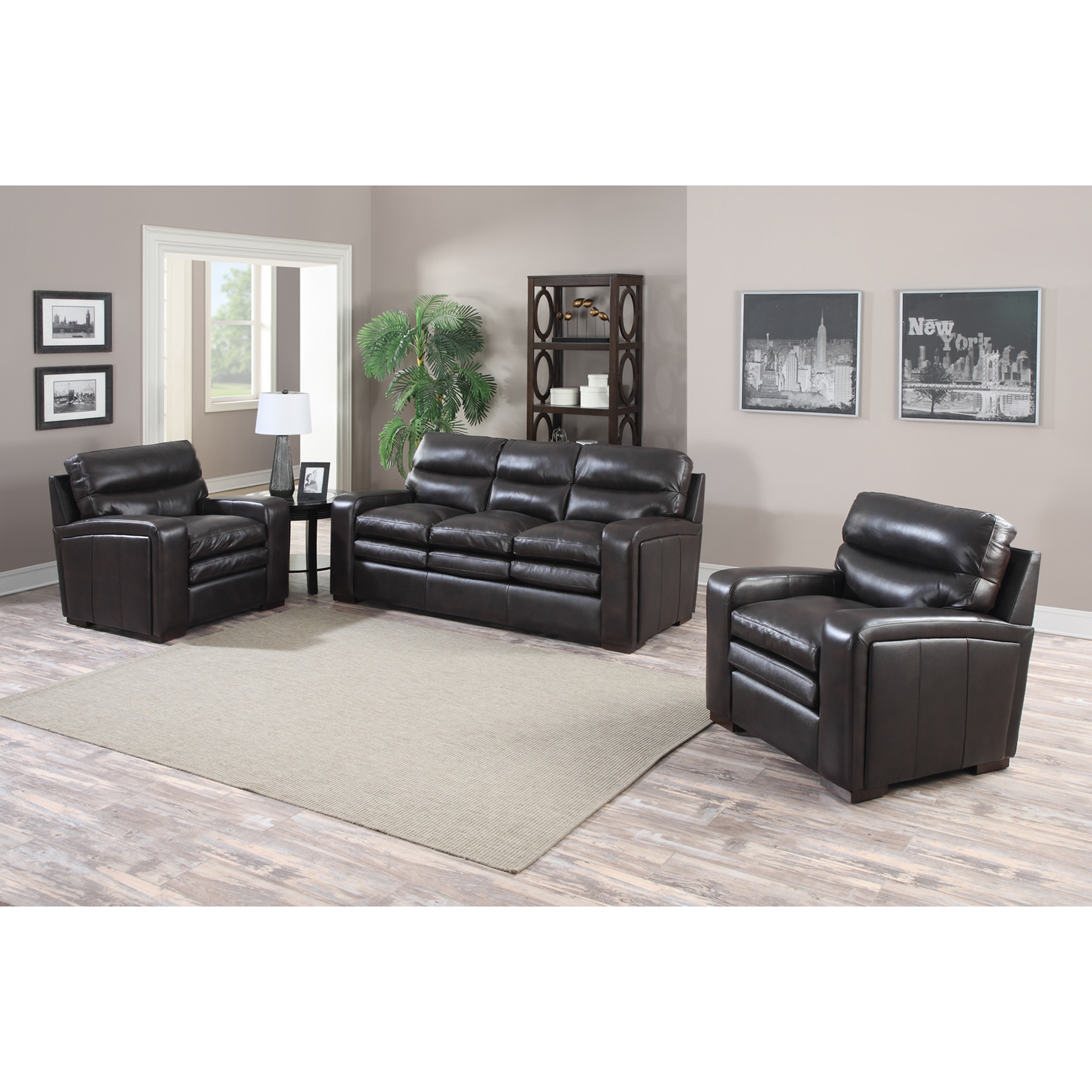 Mercer Dark Brown Italian Leather Sofa And Two Leather Chairs