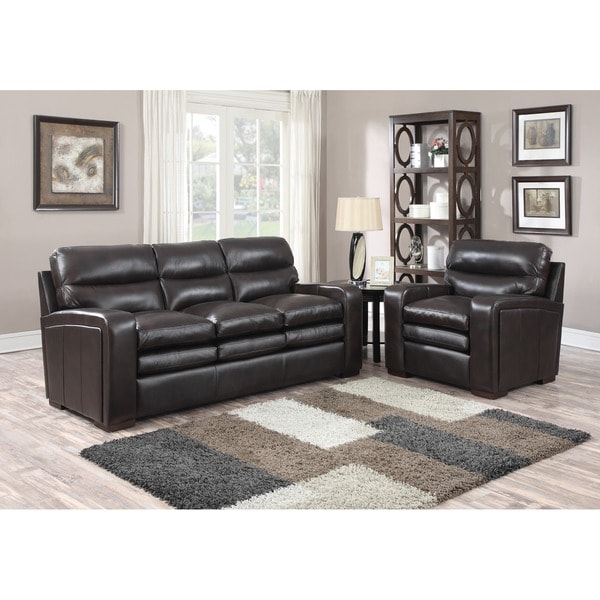 Mercer Dark Brown Italian Leather Sofa and Leather Chair