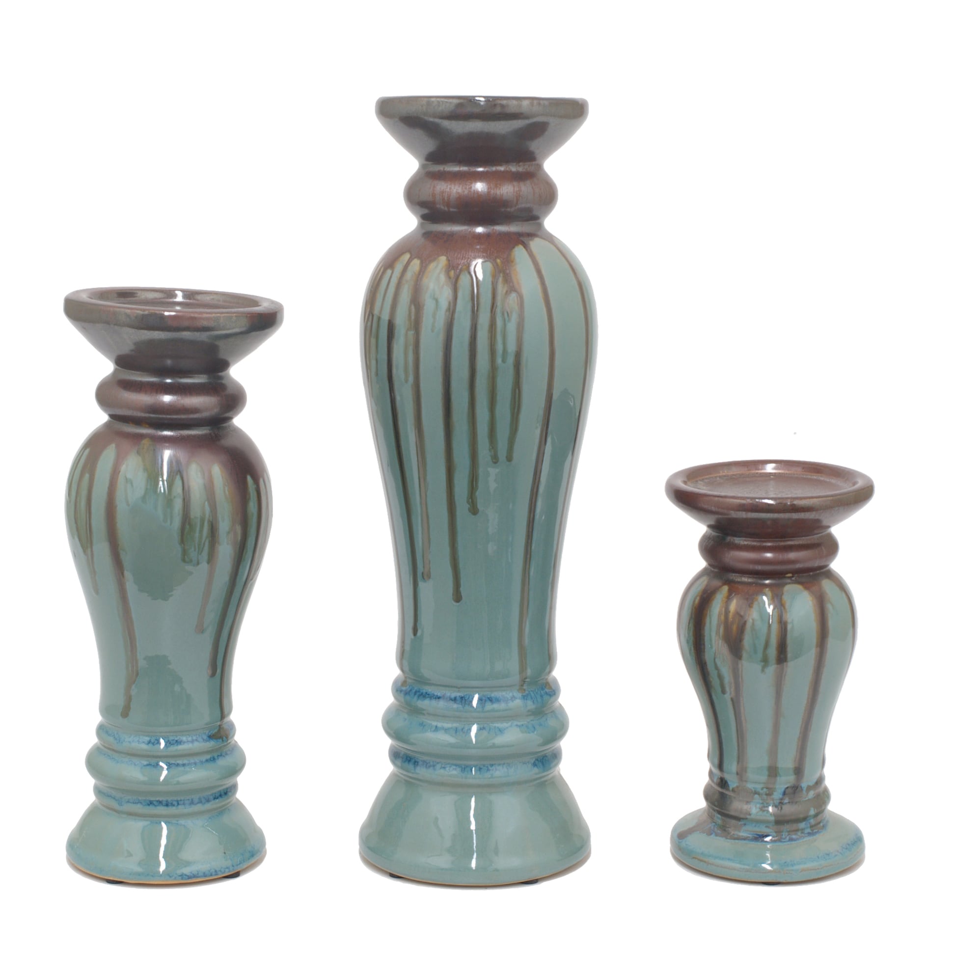 Porcelain Three piece Seafoam Blue/ Brown Candle Holder Set