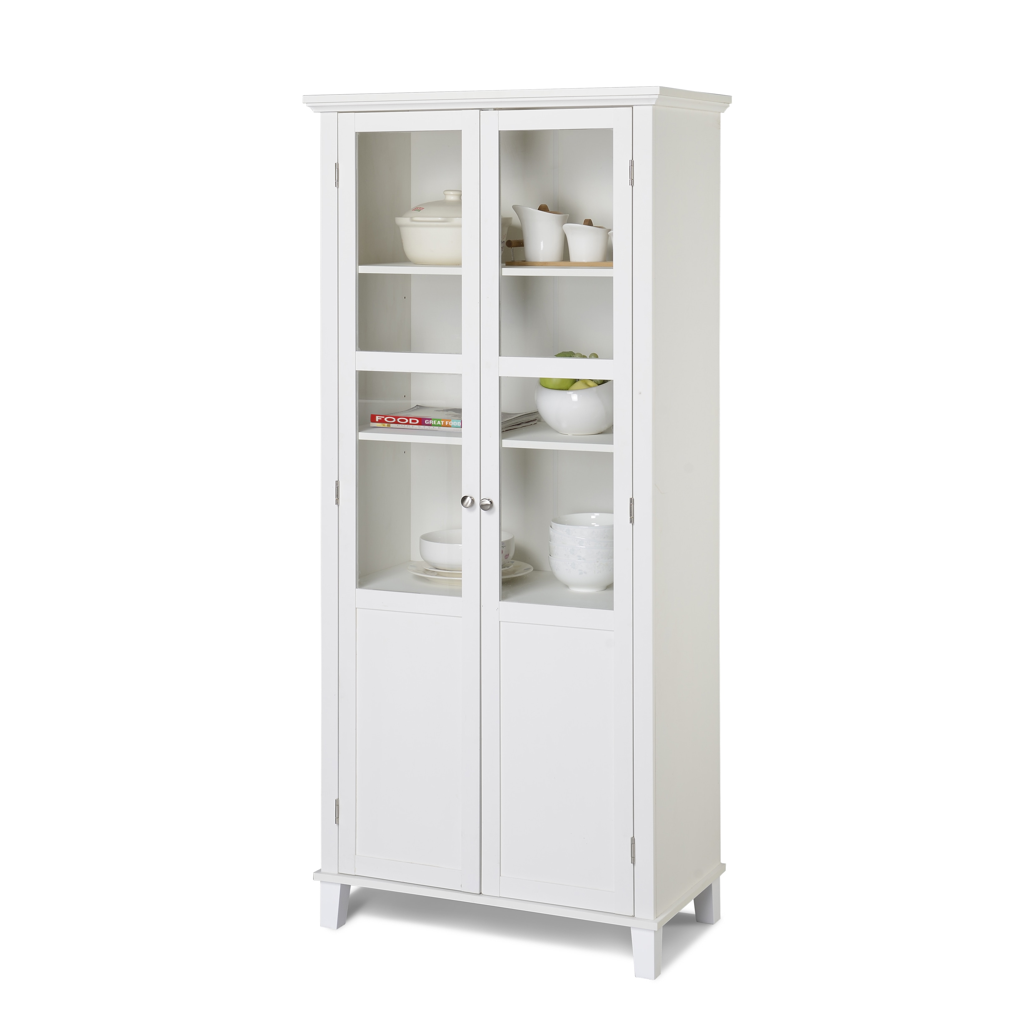 White Glass door Pantry With Crown Moulding