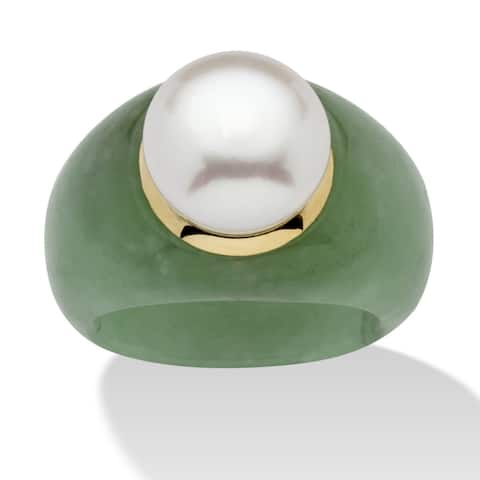 10K Gold Genuine Cultured Freshwater Pearl and Green Jade Ring