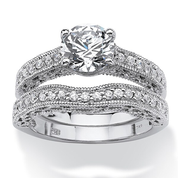 2.60 TCW Round Cubic Zirconia Platinum over Sterling Silver Filigree Bridal Engagement Rin