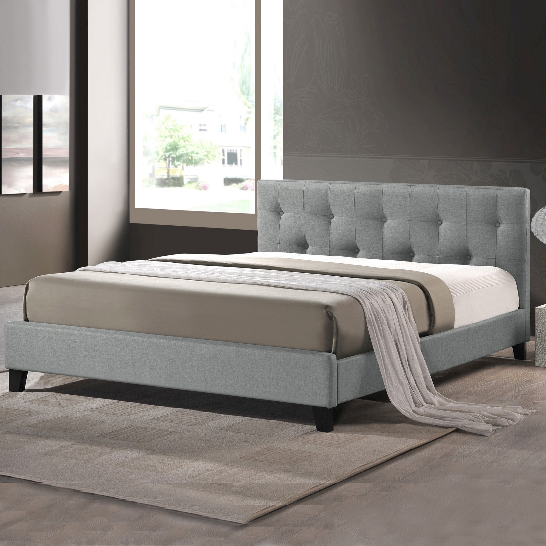 Baxton Studio Annette Gray Linen Modern Bed with Covered Buttons