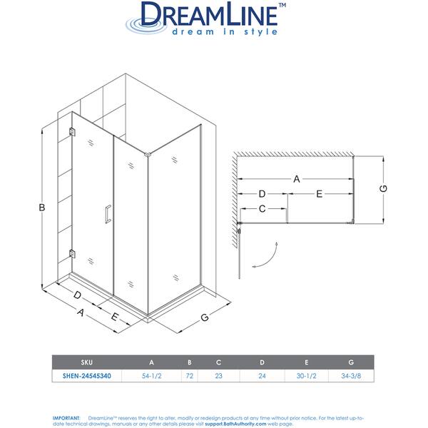 dimension image slide 1 of 2, DreamLine Unidoor Plus 54 1/2 in. W x 30 3/8 in. D x 72 in. H Frameless Hinged Shower Enclosure - 30.38" x 54.5"