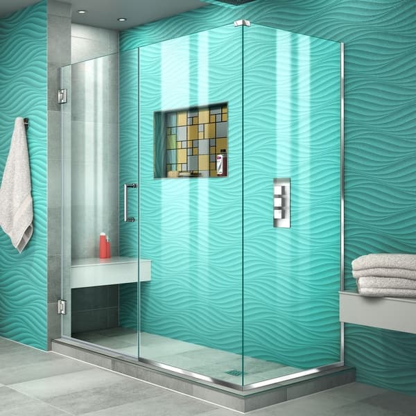 slide 2 of 44, DreamLine Unidoor Plus 55 1/2 in. W x 30 3/8 in. D x 72 in. H Frameless Hinged Shower Enclosure - 30.38" x 55.5" 34.38" D x 72" H - Chrome Finish