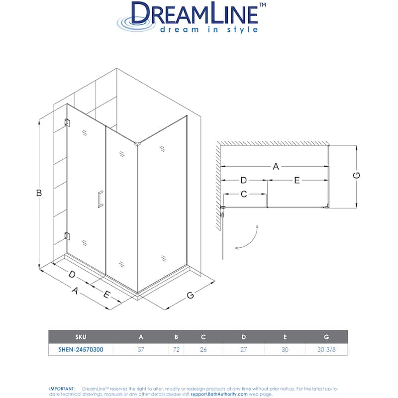 DreamLine Unidoor Plus 57 in. W x 30 3/8 in. D x 72 in. H Frameless Hinged Shower Enclosure - 30.38" x 57"