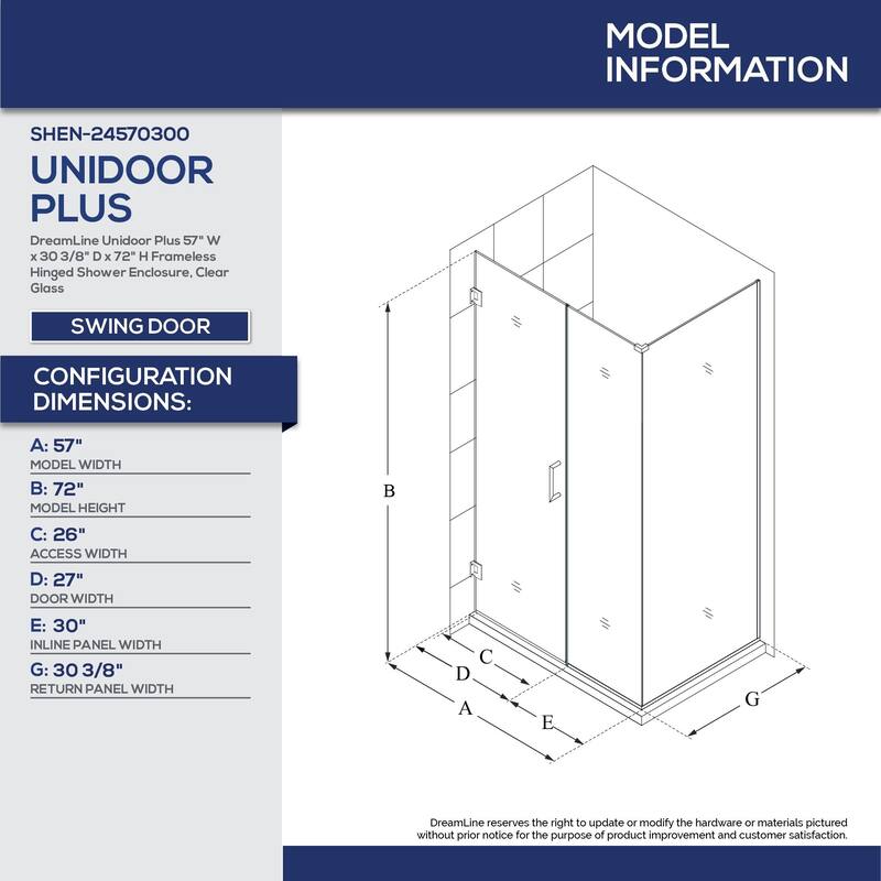 DreamLine Unidoor Plus 57 in. W x 30 3/8 in. D x 72 in. H Frameless Hinged Shower Enclosure - 30.38" x 57"