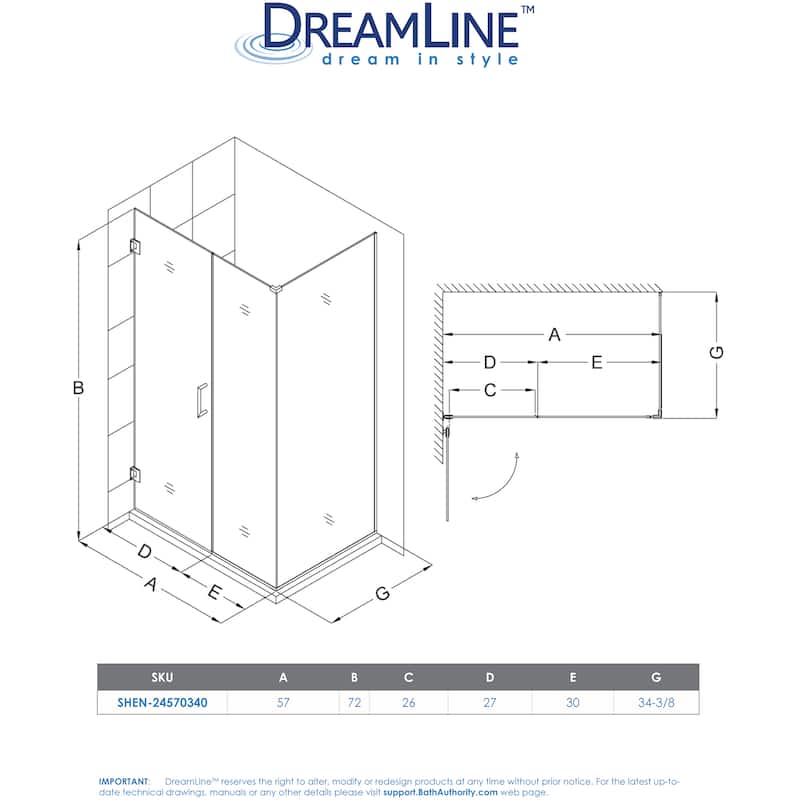 DreamLine Unidoor Plus 57 in. W x 30 3/8 in. D x 72 in. H Frameless Hinged Shower Enclosure - 30.38" x 57"