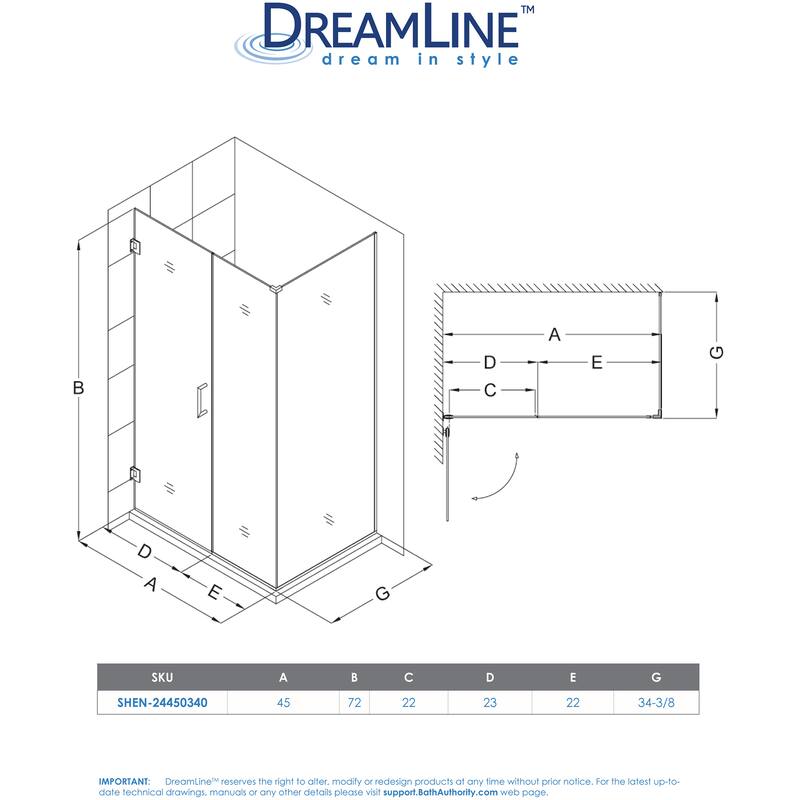 DreamLine Unidoor Plus 45 in. W x 30 3/8 in. D x 72 in. H Frameless Hinged Shower Enclosure - 30.38" x 45"