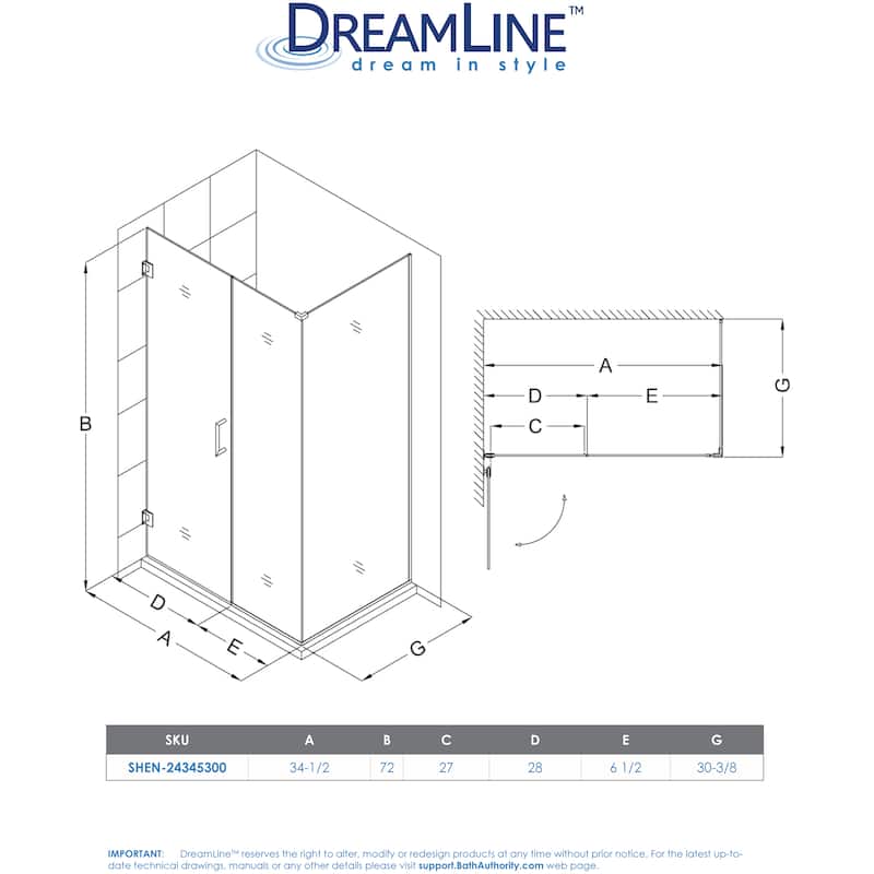 DreamLine Unidoor Plus 34 1/2 in. W x 30 3/8 in. D x 72 in. H Frameless Hinged Shower Enclosure - 30.38" x 34.5"