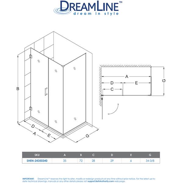 dimension image slide 1 of 2, DreamLine Unidoor Plus 35 in. W x 30 3/8 in. D x 72 in. H Frameless Hinged Shower Enclosure - 30.38" x 35"