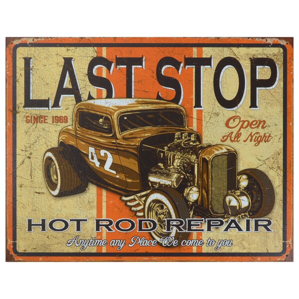 Vintage Metal Art 'Last Stop Hot Rods' Decorative Tin Sign