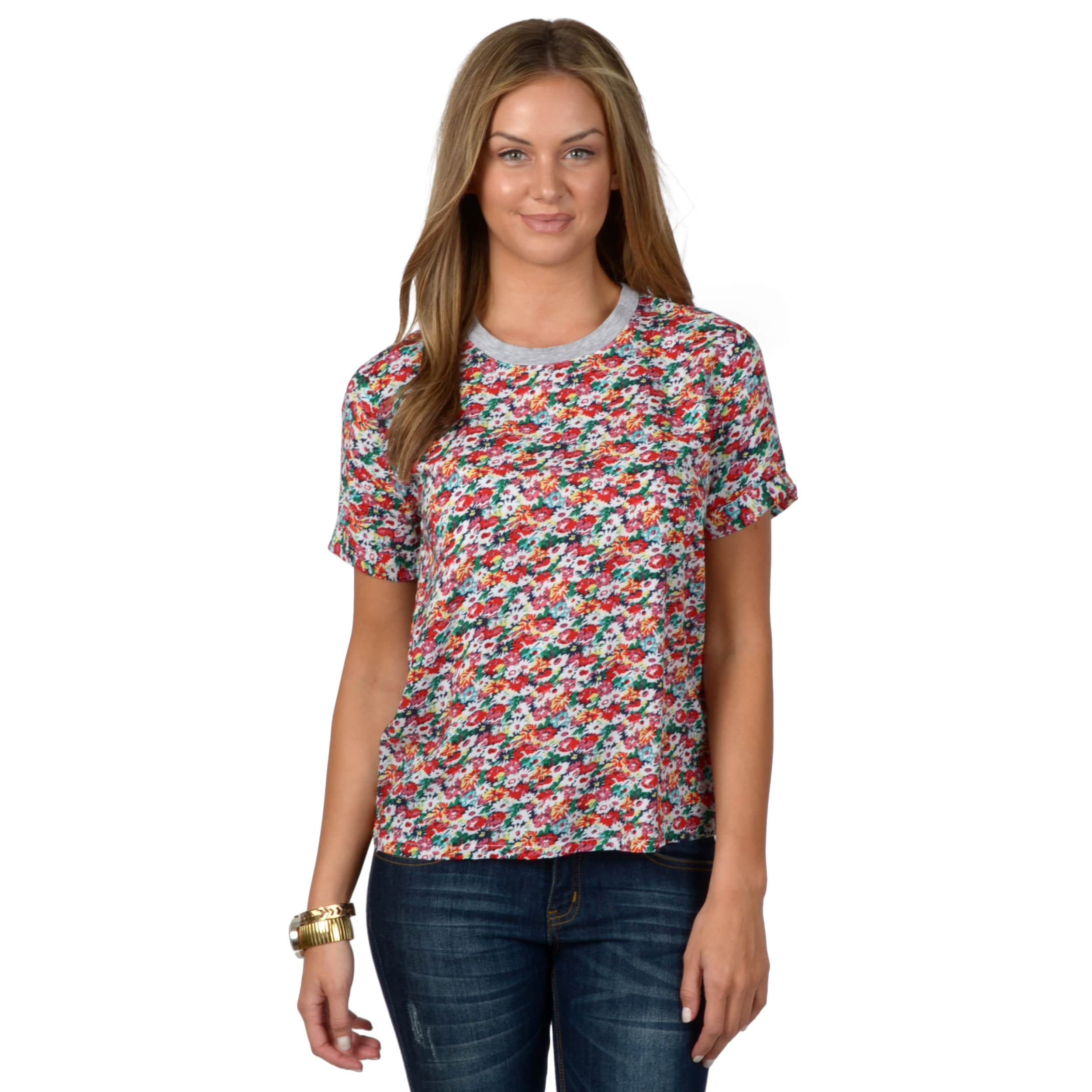 Hailey Jeans Co. Juniors Cuffed Short sleeve Floral Print Top