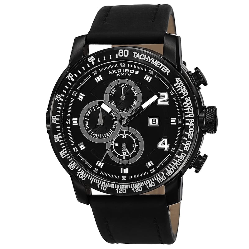 Akribos XXIV Men's Swiss Quartz Tachymeter Leather Black Strap Watch