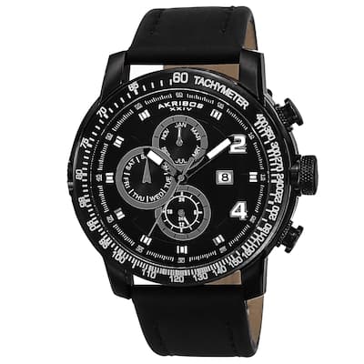 Akribos XXIV Men's Swiss Quartz Tachymeter Leather Black Strap Watch