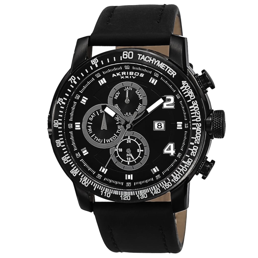 Akribos XXIV Men's Swiss Quartz Tachymeter Leather Black Strap Watch