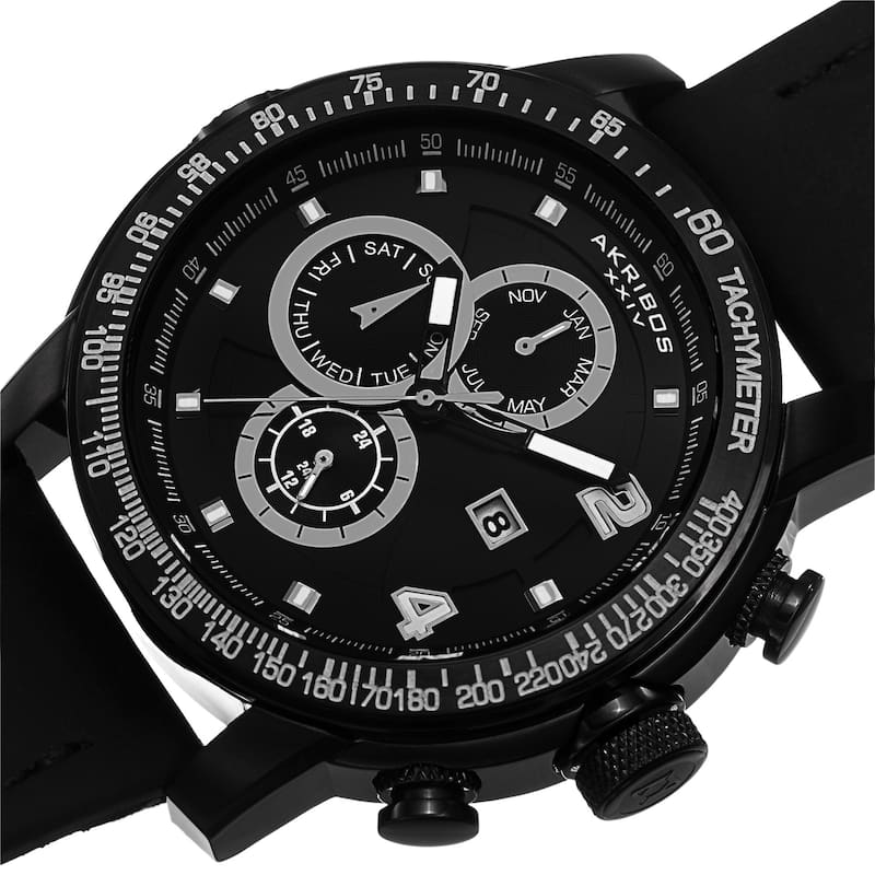 Akribos XXIV Men's Swiss Quartz Tachymeter Leather Black Strap Watch