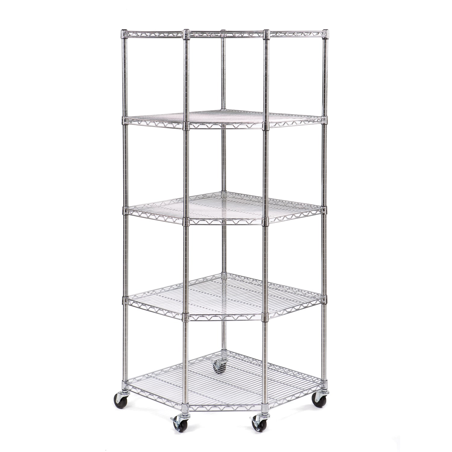 Seville 5 tier Corner Chrome Wire Shelving System With Casters/wheels   28x28x72