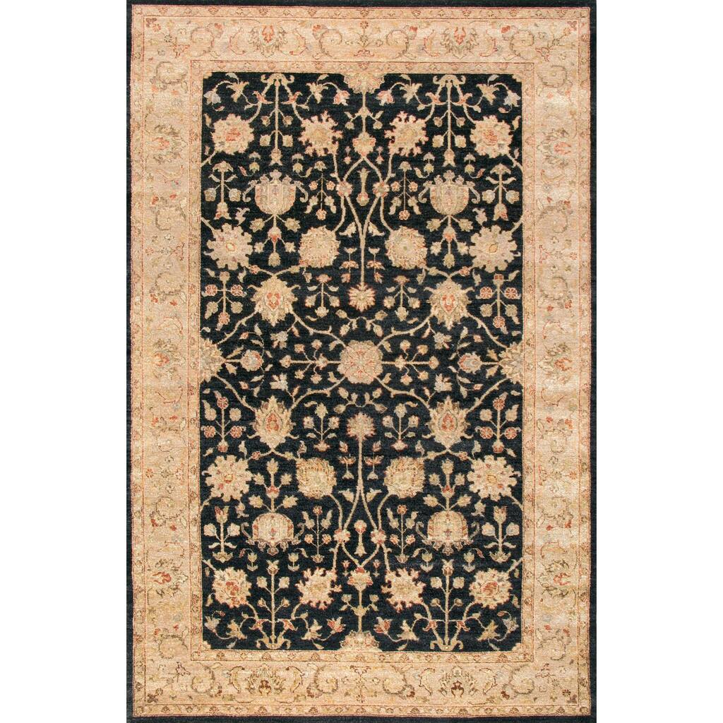 Hand Knotted Ziegler Black Beige Vegetable Dyes Wool Rug