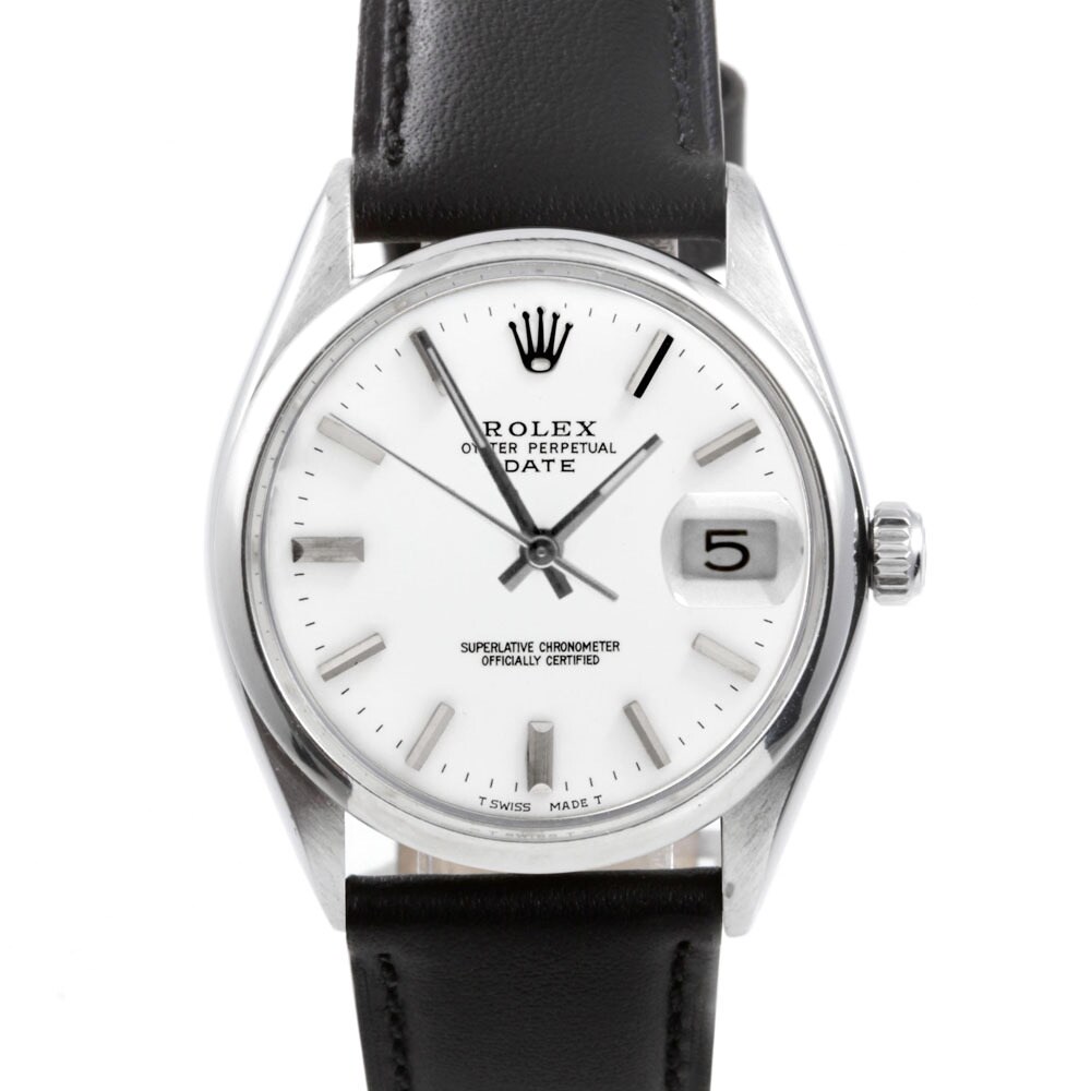 Shop Pre Owned Rolex Men S 1500 Date Watch White Dial And Black Leather Strap Watch Free