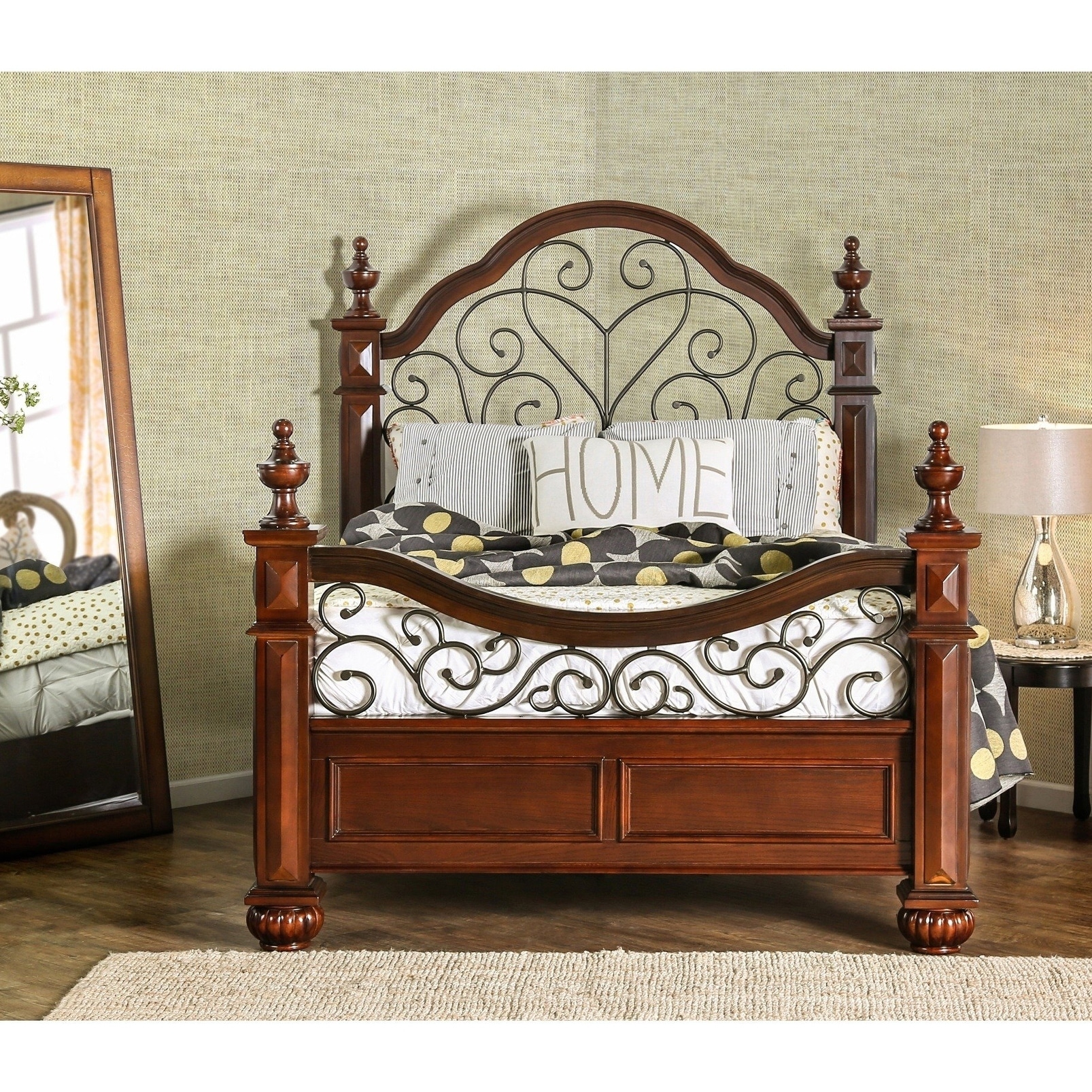 Furniture Of America Barath Antique Dark Oak Wood And Metal Poster Bed