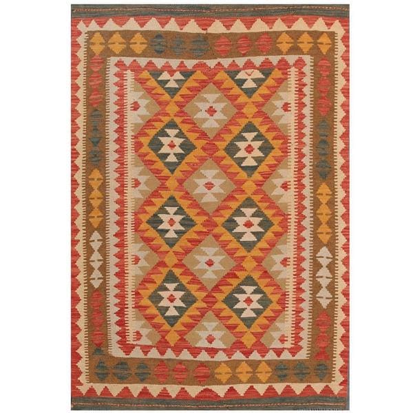 Herat Oriental Afghan Hand woven Tribal Kilim Red/ Green Wool Rug (37