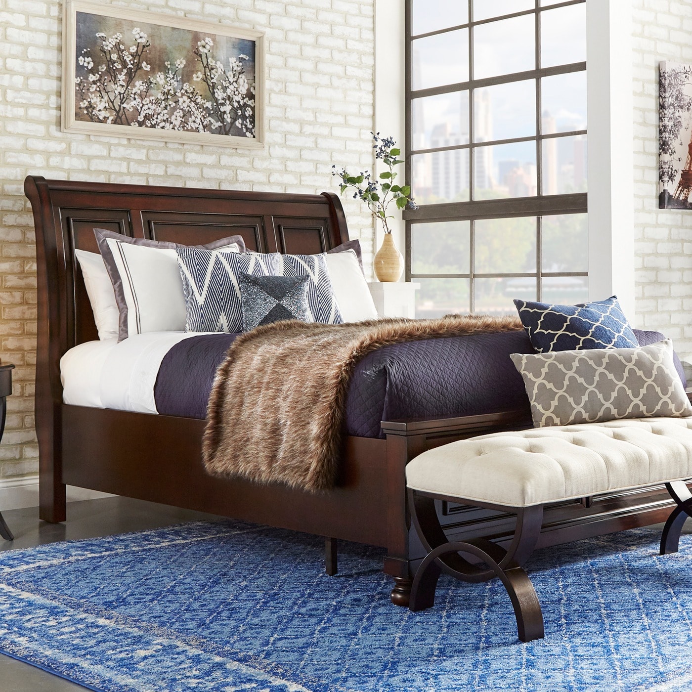 Elliot Distressed Warm Brown 2 drawer Wood Sleigh Bed