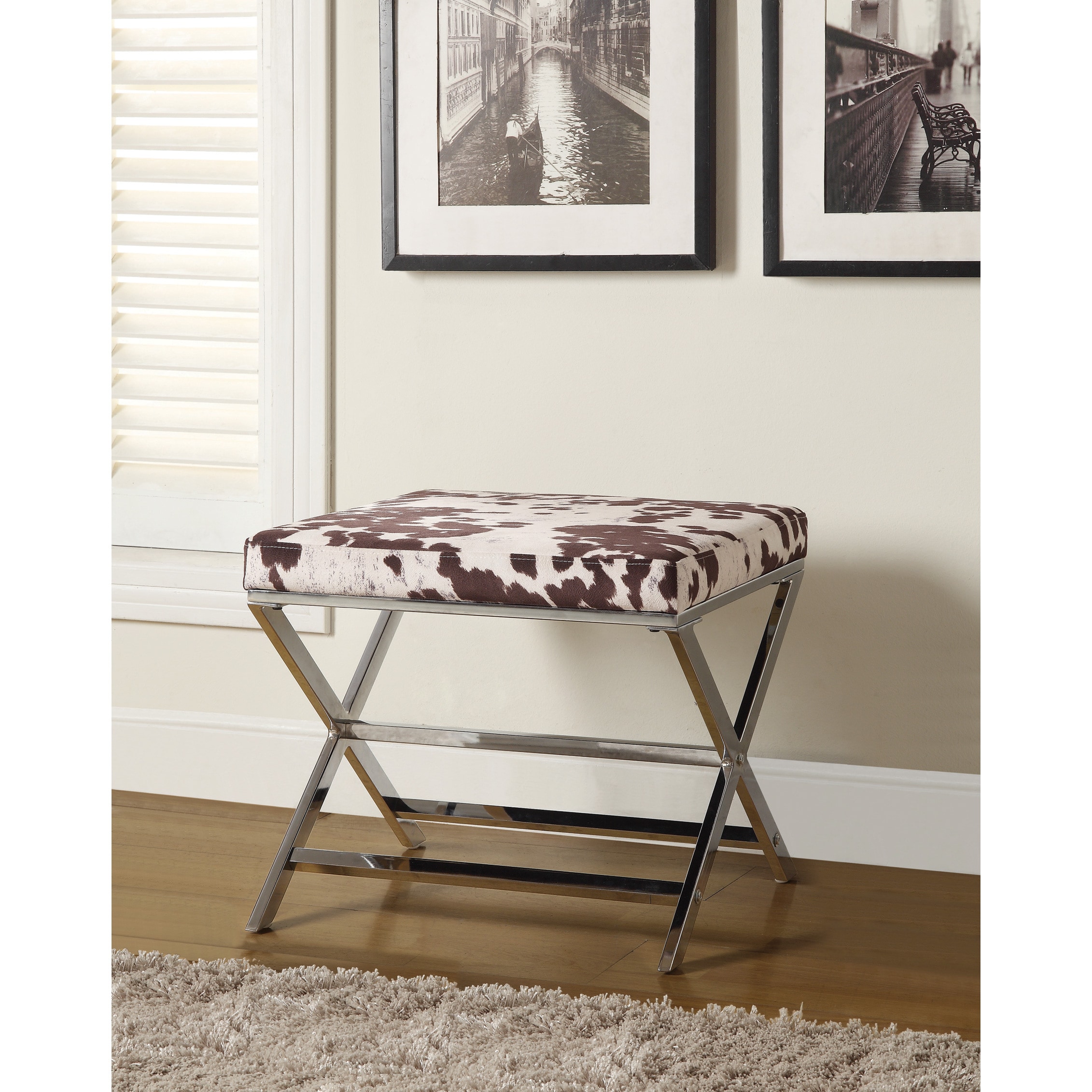 Cow Print And Chrome X bench Ottoman