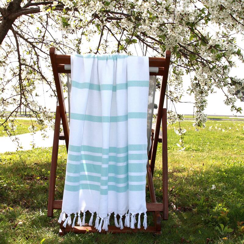 Authentic Pestemal Fouta Aqua and White Turkish Cotton Bath/ Beach Towel