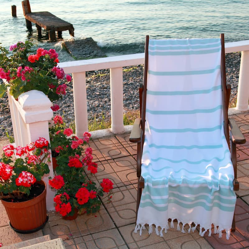 Authentic Pestemal Fouta Aqua and White Turkish Cotton Bath/ Beach Towel