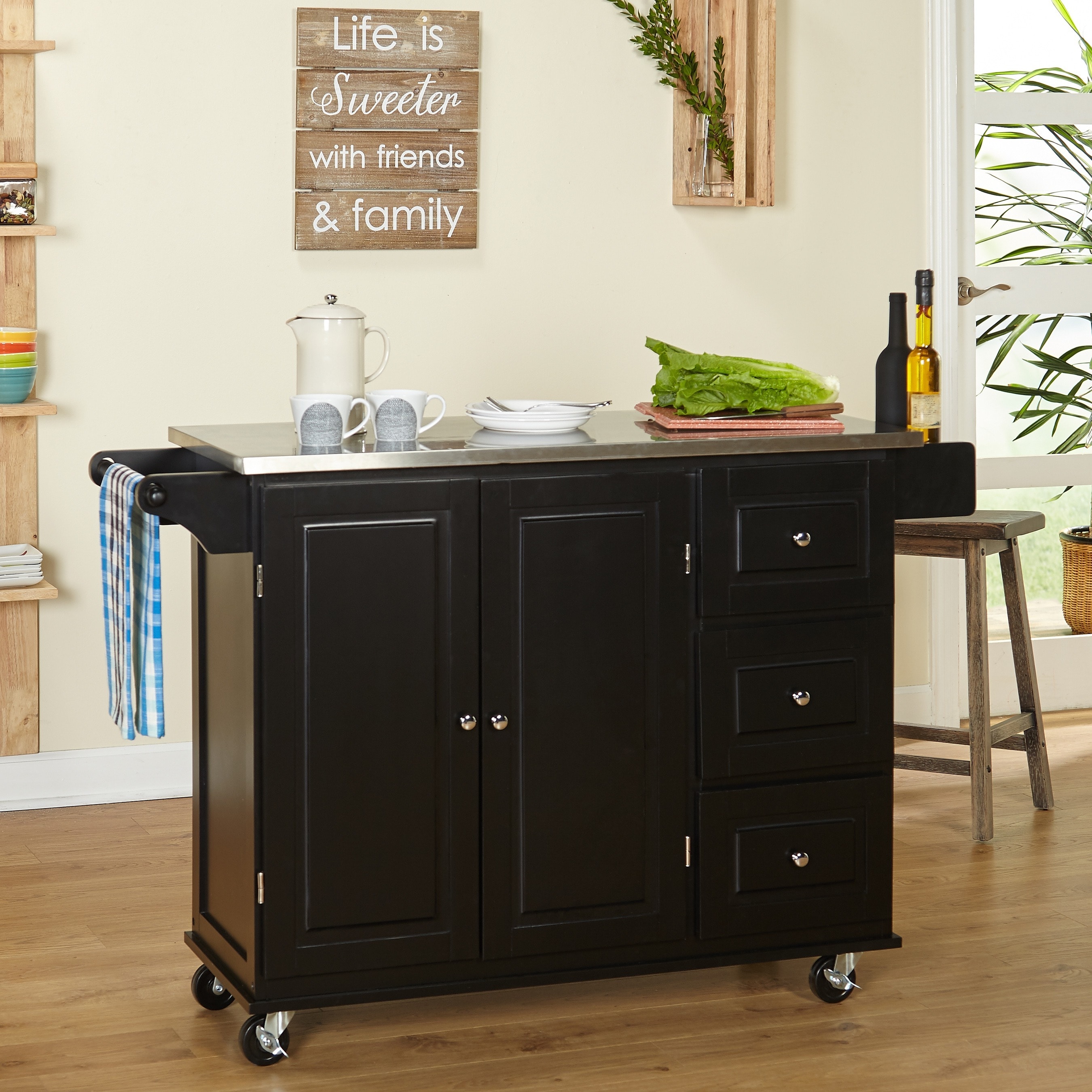 Aspen Black Three drawer Stainless Steel Top Kitchen Cart