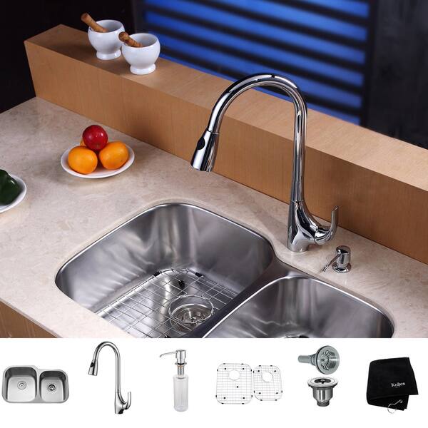 KRAUS 32 Undermount Double Bowl Kitchen Sink with 18 Commercial Kitchen  Faucet