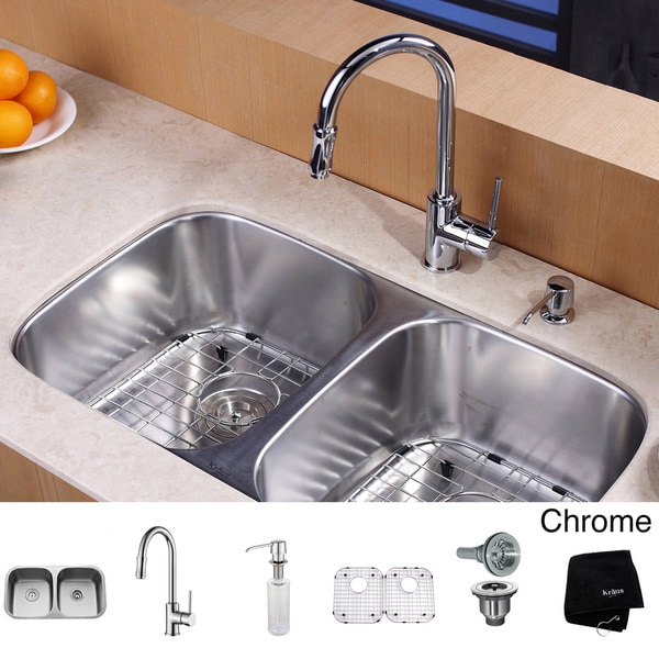 KRAUS 32 Inch Undermount Double Bowl Stainless Steel Kitchen Sink