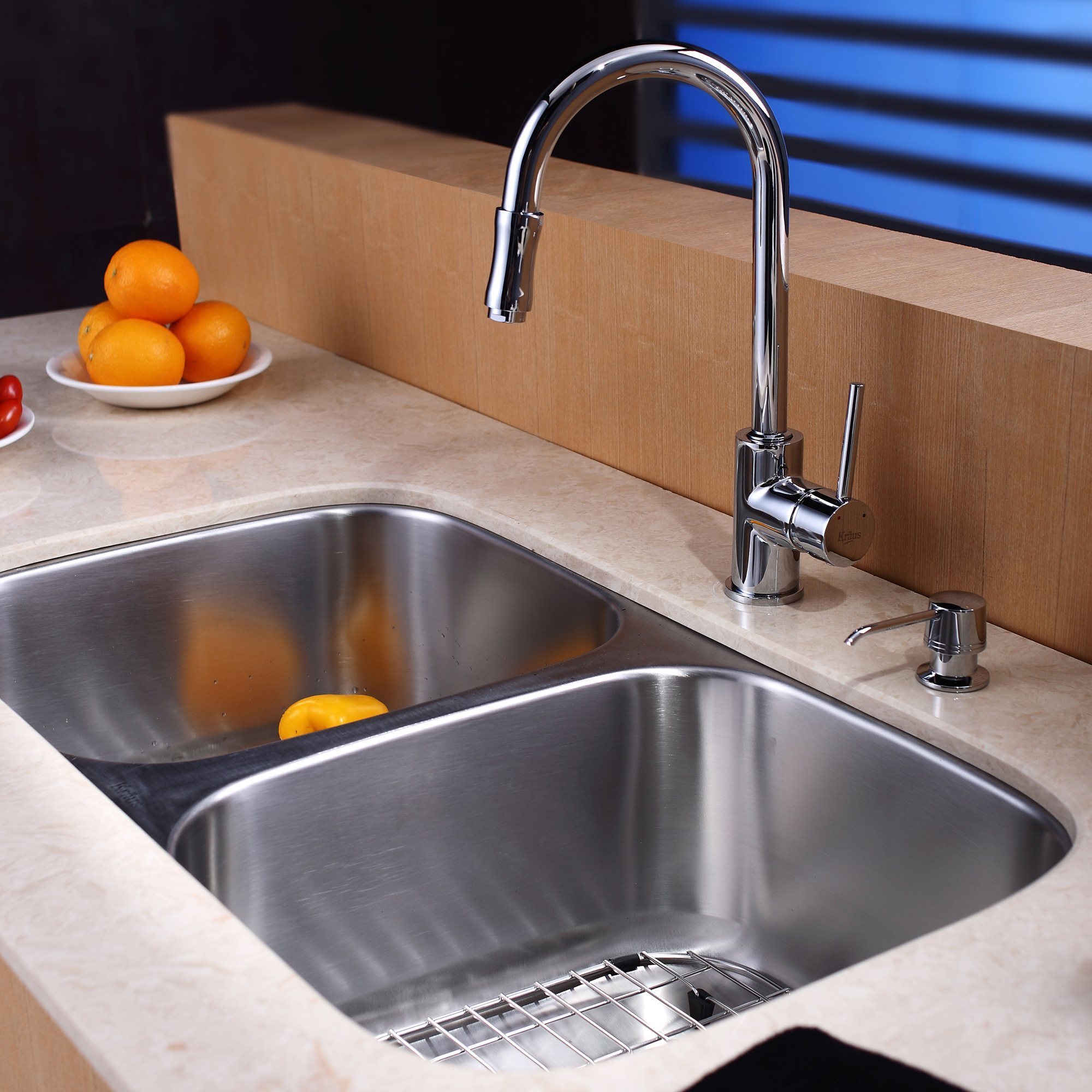 KRAUS 30 Inch Undermount Double Bowl Stainless Steel Kitchen Sink with  Kitchen Bar Faucet and Soap Dispenser in Stainless Steel - Bed Bath &  Beyond - 5176327