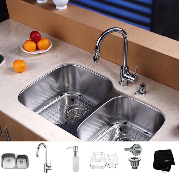 KRAUS 32 Inch Undermount Double Bowl Stainless Steel Kitchen Sink with Pull  Out Kitchen Faucet and Soap Dispenser - Bed Bath & Beyond - 4389953