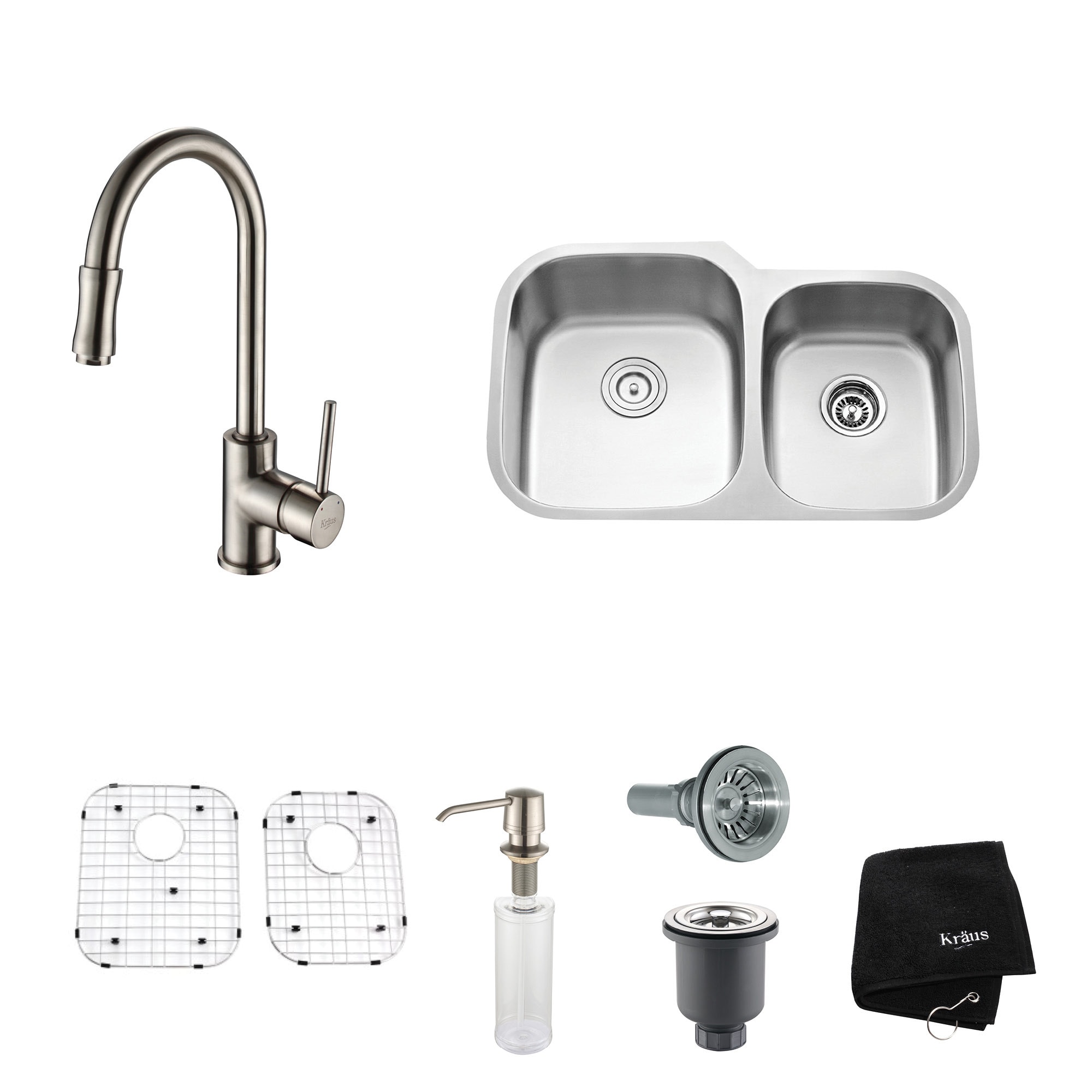 KRAUS 32 Inch Undermount Double Bowl Stainless Steel Kitchen Sink with Pull  Out Kitchen Faucet and Soap Dispenser - Bed Bath & Beyond - 4389953