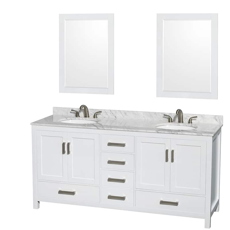 Wyndham Collection Sheffield 72-inch Double White Vanity - White, White Carrara Marble Top, 24-inch Mirrors