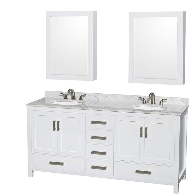 Wyndham Collection Sheffield 72-inch Double White Vanity - White, White Carrara Marble Top, Medicine Cabinets