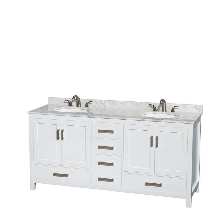 Wyndham Collection Sheffield 72-inch Double White Vanity - White, White Carrara Marble Top, No Mirror