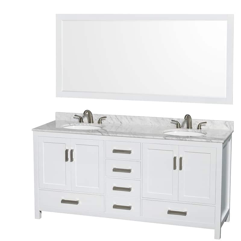 Wyndham Collection Sheffield 72-inch Double White Vanity - White, White Carrara Marble Top, 70-inch Mirror