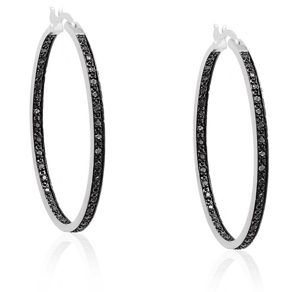 Finesque Silverplated Black Diamond Hoop Earrings On Finesque Silverplated Black Diamond Hoop Earrings