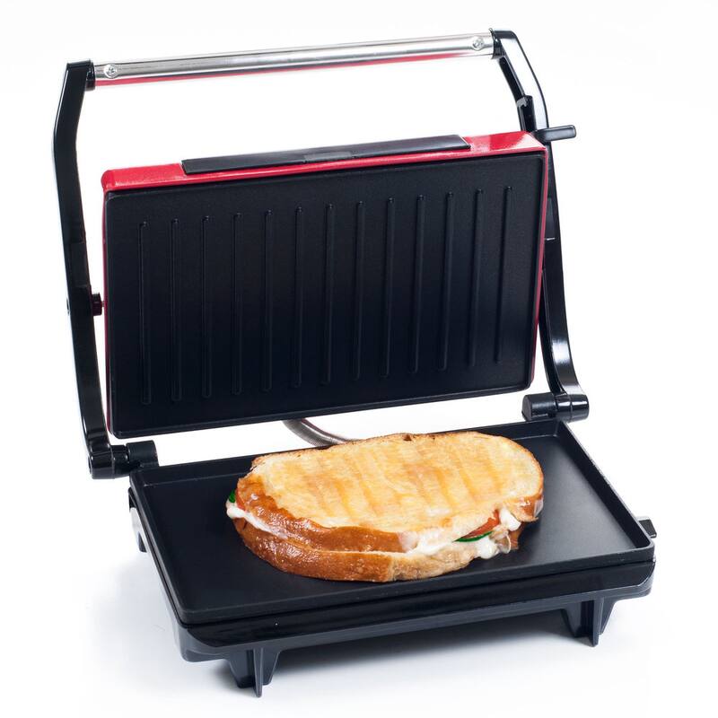 Panini Press - Sandwich Maker with Nonstick Plates by Chef Buddy (Red)
