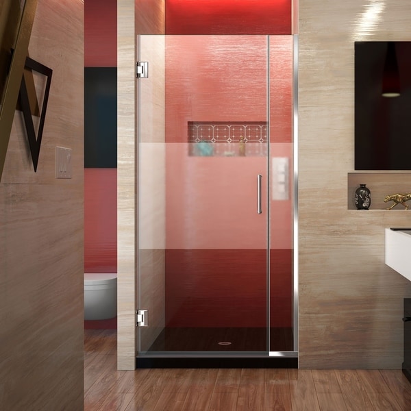 DreamLine Unidoor Plus 33-34 in. W x 72 in. H Frameless Hinged Shower Door, Frosted Band Glass