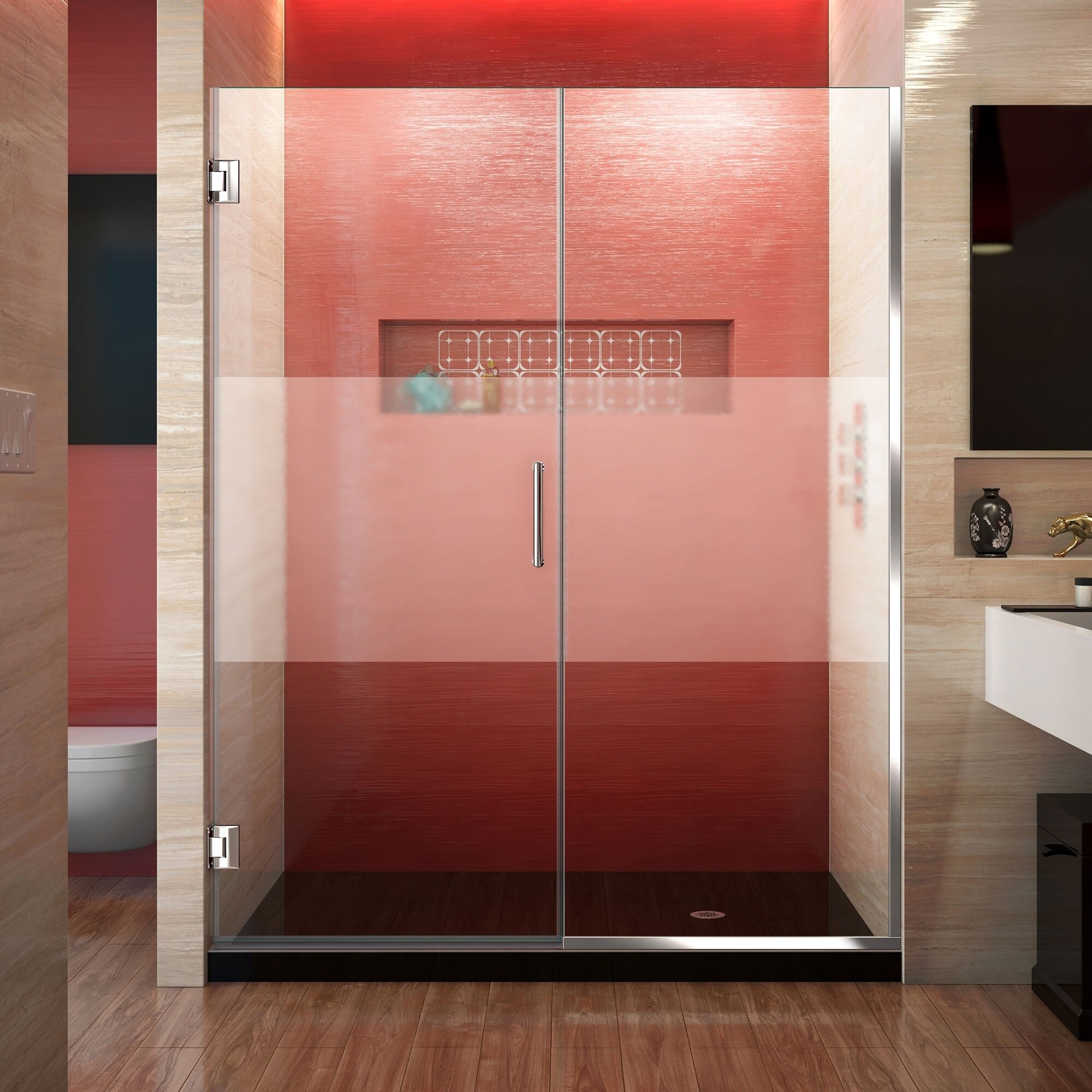 Dreamline Unidoor Plus 72 In. H X 53   54 In. W Frameless Hinged Shower Door, Half Frosted Glass