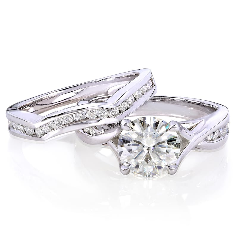 Annello by Kobelli 14k White Gold 1 1/2ct TGW Moissanite and Channel-set Diamond Bridal Rings Set
