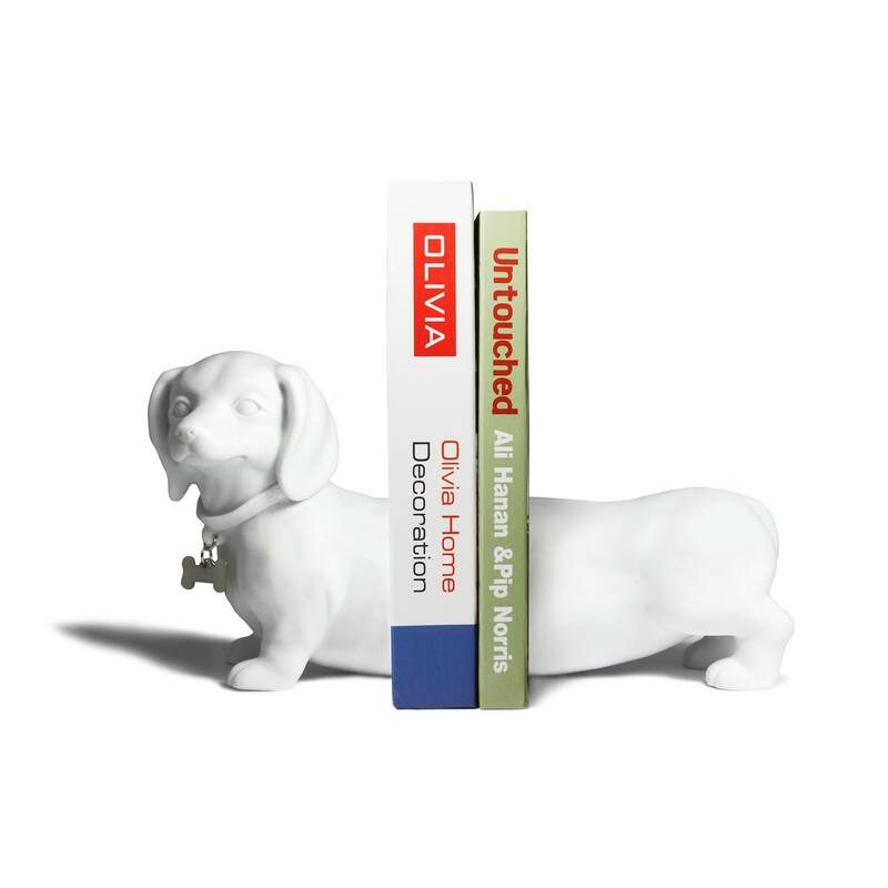 White Dachshund Dog Bookend Set